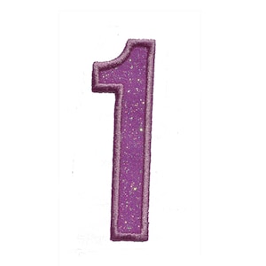 May include: Purple glitter iron-on patch in the shape of the number one.