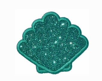 Scallop Seashell Sparkle Glitter Patch -  Iron or Sew on Vinyl - NO GLITTER MESS ! GL380