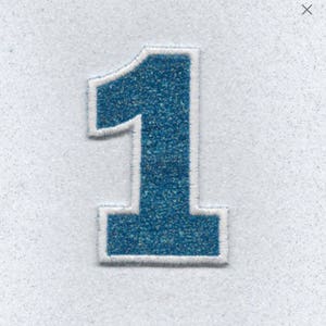 May include: A blue felt number one with a white outline. The number is on a white background.