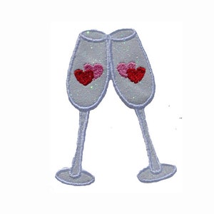 Copas de vino de champán de corazón San Valentín, boda, aniversario Sparkle Glitter Patch - Hierro o coser en vinilo - ¡SIN GLITTER MESS! GL386H