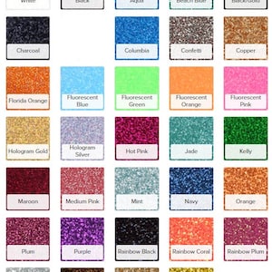 May include: A color chart featuring 36 glitter colors, each displayed in a square with a white label below. Colors include white, black, aqua, beach blue, black/gold, charcoal, and more. The chart is designed to showcase the variety of glitter options.
