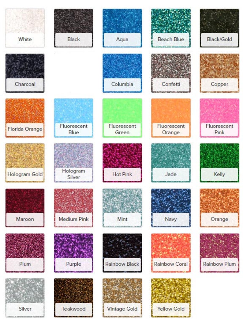 May include: A color chart featuring 36 glitter colors, each displayed in a square with a white label below. Colors include white, black, aqua, beach blue, black/gold, charcoal, and more. The chart is designed to showcase the variety of glitter options.