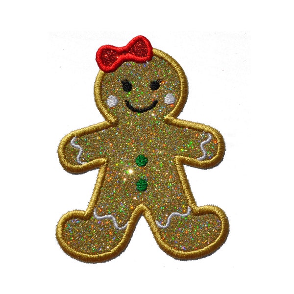 Weihnachts Lebkuchen Mädchen Keks Glitzer Patch - Bügeln oder Aufnähen auf Vinyl - KEIN GLITZER MESS ! GL79