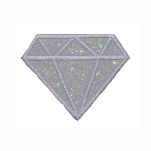May include: A silver glitter diamond-shaped iron-on patch. The patch has a white background and a silver outline.