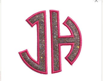 Monogram Two Letter Circle Monogram Font Sparkle Glitter Patch -  Iron or Sew on Vinyl -  NO GLITTER MESS GL11