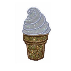 May include: A white and gold glitter ice cream cone patch. The ice cream is white and the cone is gold with a glitter finish.