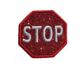 Stop Sign Sparkle Glitter Patch -  Iron or Sew on Vinyl - NO GLITTER MESS ! GL97  4" (H)