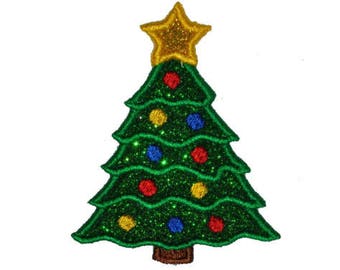 Christmas Tree 5 inch or 6 inch Sparkle Glitter Patch -  Iron or Sew on Vinyl - NO GLITTER MESS ! GL154