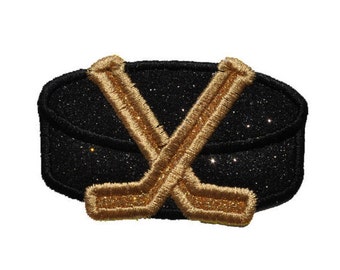 Hockey puck and Sticks 3 inch glitter sparkle iron on Patch! GL242H
