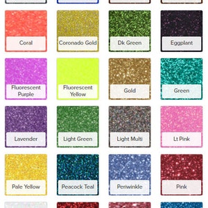May include: A colour chart showcasing glitter shades, each in a square with a white label. Colours include Black/Silver, Bright Royal, Bronze, Brown, Coral, Coronado Gold, Dk Green, Eggplant, Fluorescent Purple, Fluorescent Yellow, Gold, Green, Lavender, Light Green, Light Multi, Lt Pink, Pale Yellow, Peacock Teal, Periwinkle, Pink, Rainbow White, Red, Rose Gold, and Royal.