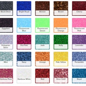 Pu&ograve; includere: Una tabella di 25 colori di glitter diversi, ogni colore &egrave; etichettato con il suo nome. I colori includono nero, argento, blu reale brillante, bronzo, marrone, ciliegia, melanzana, blu fluorescente, verde fluorescente, arancione fluorescente, rosa fluorescente, argento olografico, rosa acceso, giada, kelly, lavanda, menta, blu navy, arancione, giallo pallido, pervinca, prugna arcobaleno, bianco arcobaleno, rosso, oro rosa e blu reale.