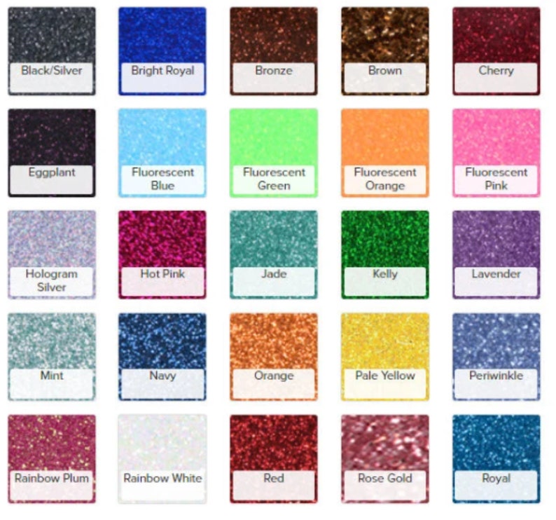 Pu&ograve; includere: Una tabella di 25 colori di glitter diversi, ogni colore &egrave; etichettato con il suo nome. I colori includono nero, argento, blu reale brillante, bronzo, marrone, ciliegia, melanzana, blu fluorescente, verde fluorescente, arancione fluorescente, rosa fluorescente, argento olografico, rosa acceso, giada, kelly, lavanda, menta, blu navy, arancione, giallo pallido, pervinca, prugna arcobaleno, bianco arcobaleno, rosso, oro rosa e blu reale.