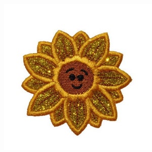 May include: A cheerful, glittery sunflower patch with a smiling face. The petals are a mix of gold and yellow, with a brown center. This embroidered patch is perfect for adding a touch of whimsy to clothing or accessories.
