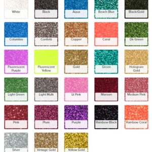 Pu&ograve; includere: Una tabella di 27 colori di glitter diversi, ogni colore &egrave; visualizzato in un quadrato con il nome del colore scritto sotto.