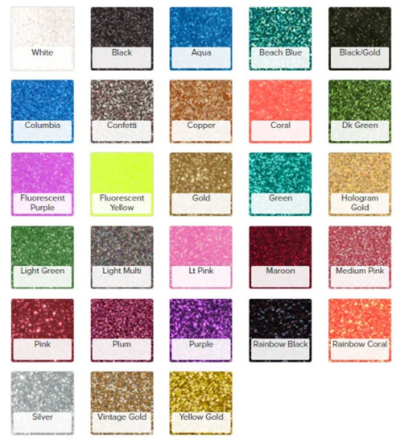 Pu&ograve; includere: Una tabella di 27 colori di glitter diversi, ogni colore &egrave; visualizzato in un quadrato con il nome del colore scritto sotto.
