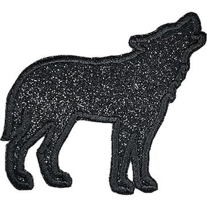 May include: Black embroidered iron-on patch of a wolf howling at the moon.