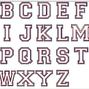 May include: A complete alphabet in capital letters, each letter is white with a red outline and a blue inner border. The letters are in a classic collegiate font, perfect for personalization.