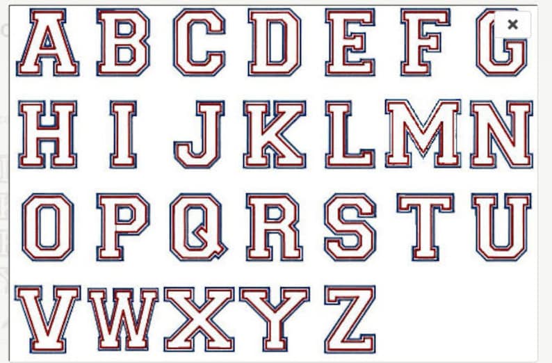 May include: A complete alphabet in capital letters, each letter is white with a red outline and a blue inner border. The letters are in a classic collegiate font, perfect for personalization.