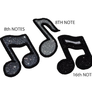 Musical Notes 8th and 16th Glitter Iron on Patches- Choice of one in a variety of colors GL69