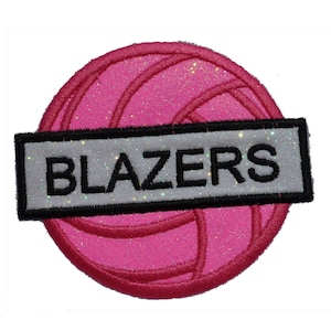 May include: Pink and black volleyball with the word "BLAZERS" in a white banner across the middle.