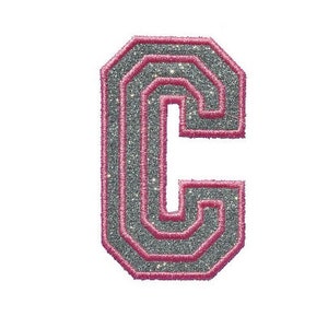 May include: A silver glitter letter C with a pink outline. The letter is in a varsity style font.