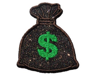 Money Bag Bags Dollar Sign 3 inch Sparkle Glitter Patch -  Iron or Sew on Vinyl - NO GLITTER MESS ! GL358 (H)