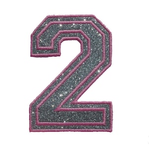 May include: A silver glitter iron-on patch in the shape of the number 2. The number is outlined in pink.