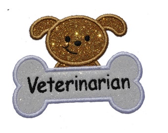 Veterinarian Pet Dogbone Name Tag Patch Dog and Cat Lover Sparkle Glitter Patch -  Iron or Sew on Vinyl - NO GLITTER MESS ! GL221