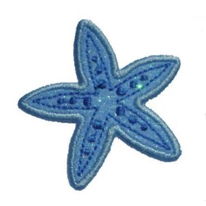 May include: A five-pointed starfish patch featuring a shimmering light blue thread construction. The design includes a darker blue stitched border and raised, textured detailing along the center of each arm, creating a distinct nautical shape.
