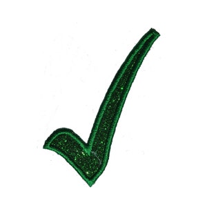 May include: A green checkmark with glitter, a symbol of approval or completion.