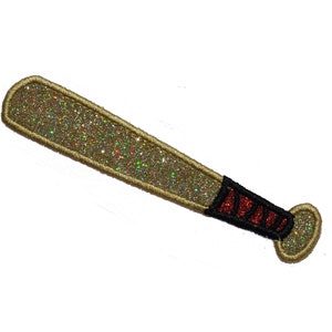 May include: A gold glitter baseball bat with black and red stitching.