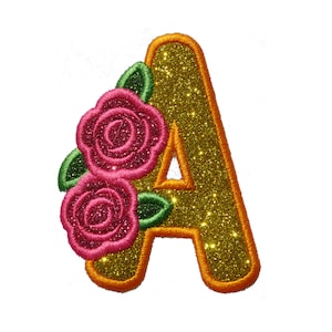 May include: A gold glitter letter A with an orange outline, decorated with two pink roses and green leaves.