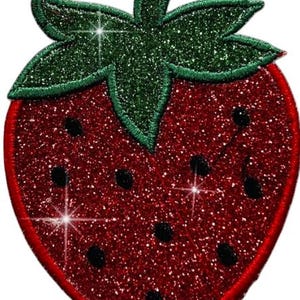 Strawberry Glitter Iron On Patch, Fruit Applique (3.5 inch) GL277