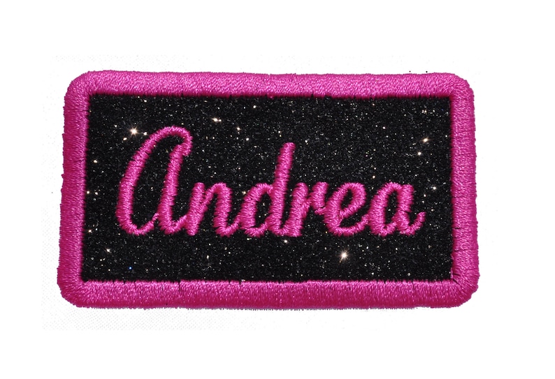 Rectangle Nametag Name Patch Frame BlackHot Pink Personalized Sparkle Glitter Patch GL268 Iron or Sew on Vinyl NO GLITTER MESS