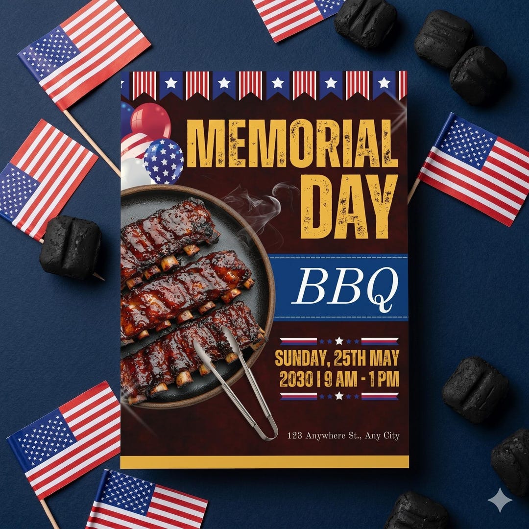 Memorial Day BBQ Invitation Template, Patriotic Summer Cookout Flyer ...