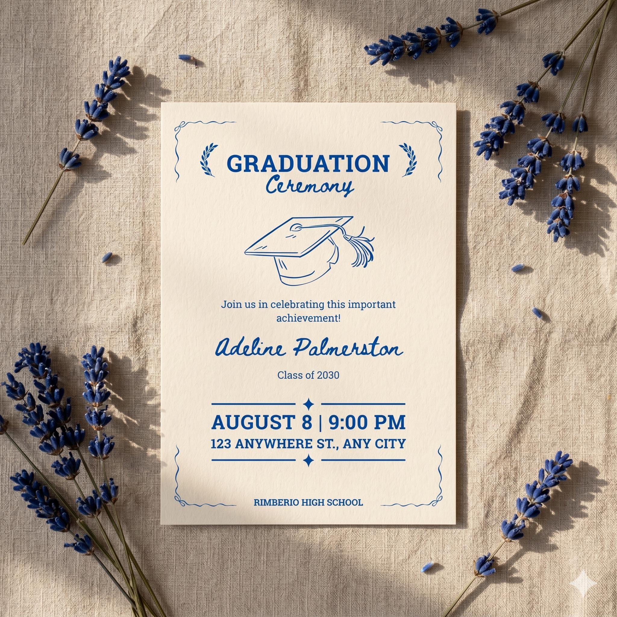 Minimalist Graduation Invitation Template, Blue and Beige High School ...