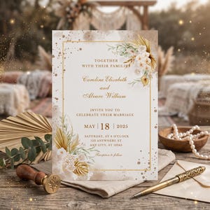 Op de afbeelding: Een trouwuitnodigingskaart met een gouden rechthoekige rand, beige aquarelspatten en bloemstukken van gedroogde palmbladeren en witte bloemen. De tekst luidt: Together with their families, Caroline Elizabeth and Alvaro William, invite you to celebrate their marriage, May 18, 2025, Saturday at 6 o'clock, 123 Anywhere St, Any City, ST 12345, Reception to follow.