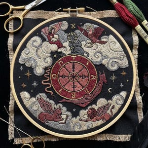 May include: A circular embroidery hoop containing a black fabric panel with intricate needlework. The design features a central red wheel with gold lettering, surrounded by embroidered figures including a sphinx, angel, eagle, bull, and lion.