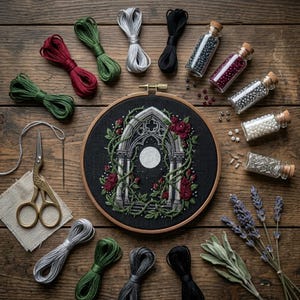 May include: An embroidery hoop with a gothic arch design, surrounded by red roses and green vines, sits on a wooden surface. Various colored embroidery floss, small glass bottles of beads, scissors, and lavender sprigs are arranged around the hoop, suggesting a crafting theme.