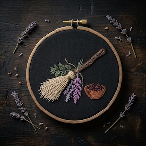 May include: An embroidered artwork featuring a witch's broom, lavender, and a small bowl of berries. The design is set against a black fabric within a wooden embroidery hoop. Sprigs of lavender are arranged around the hoop on a dark wooden surface.
