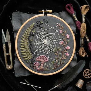 Spider Web Skull Embroidery Kit – Dark Botanical Goth Craft (Beginner-Friendly)