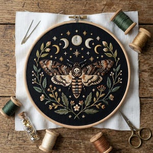Può includere: Un'opera d'arte ricamata dettagliata in un telaio di legno, raffigurante una sfinge testa di morto con un motivo a teschio, ambientata su uno sfondo nero. Il design incorpora lune, stelle ed elementi floreali. L'immagine mostra anche rocchetti di filo e strumenti di cucito.