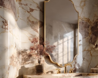 Handmade Moroccan Brass Castle, Scalloped Gold Wall, Slim Vanity Bathroom Mirror