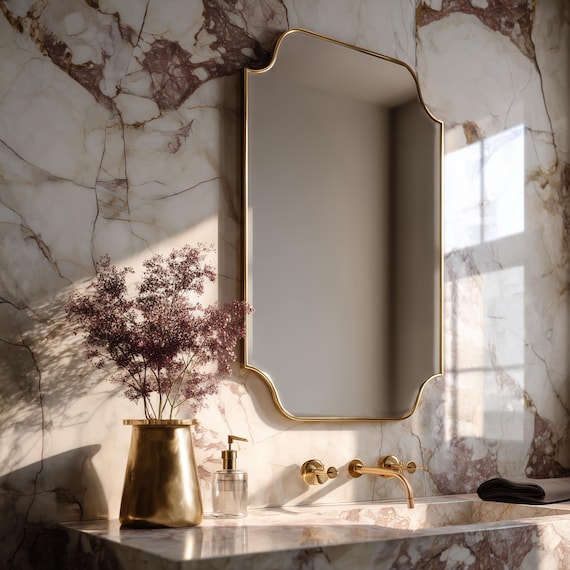 Unlacquered Brass Decorative Mirror | Modern Moroccan Bathroom Vanity Wall Mirror