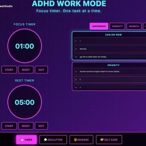 Könnte beinhalten: Digitale Benutzeroberfläche mit einem lila-blauen Farbverlauf. Der Bildschirm zeigt einen Fokus-Timer auf 1 Minute und einen Ruhe-Timer auf 5 Minuten. Text enthält "ADHD WORK MODE" und Aufgabenlisten mit "Can Do Now" und "Priority".