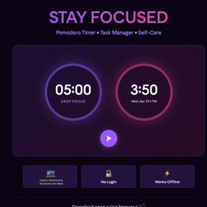 May include: A digital interface titled STAY FOCUSED with Pomodoro Timer, Task Manager, and Self-Care features. It displays two circular timers, a play button, and icons for laptop/desktop use, no login, and offline functionality.