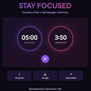 Könnte beinhalten: Digitales Interface mit dem Text "STAY FOCUSED" in Lila und Weiß. Es verfügt über einen Pomodoro-Timer, einen Task-Manager und Self-Care-Funktionen. Zwei kreisförmige Timer zeigen "05:00" und "3:50" an. Zusätzlicher Text enthält "All Devices", "No Login" und "Works Offline".