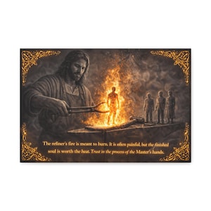 May include: A rectangular wall art print featuring a bearded figure in an apron using metal tongs to hold a glowing human silhouette within a bright orange fire on an anvil. Three smaller figures stand nearby. Text reads: The refiner's fire is meant to burn. It is often painful, but the finished soul is worth the heat. Trust in the process of the Master's hands. The border has gold filigree.
