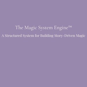 Könnte beinhalten: Ein lavendelfarbener Hintergrund mit weißem Text, der "The Magic System Engine™" und "A Structured System for Building Story-Driven Magic" lautet. Der untere Teil des Bildes enthält den Text "KweenWa Logic."