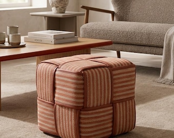 Terracotta Woven Cube Footstool Ottoman | Boho Living Room Pouffe | Autumn Warm Tones